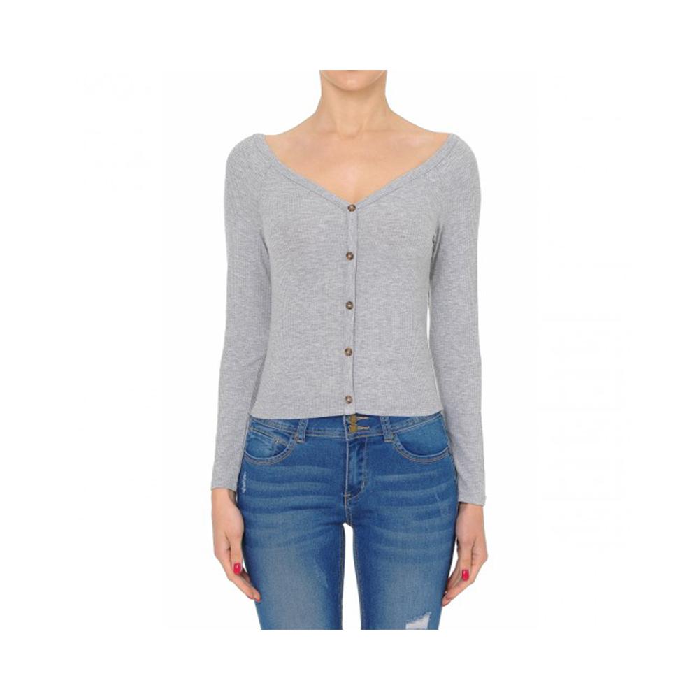 Jobber Ribbed V-Neck Off-The-Shoulder Long Sleeve Bardot Crop Top Heather Grey 71721.