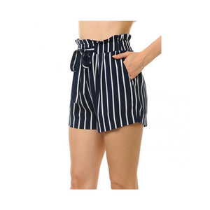 Jobber Striped Tie-Front High Paperbag Waist Woven Pull-On shorts Eclipse/Off White 70446.