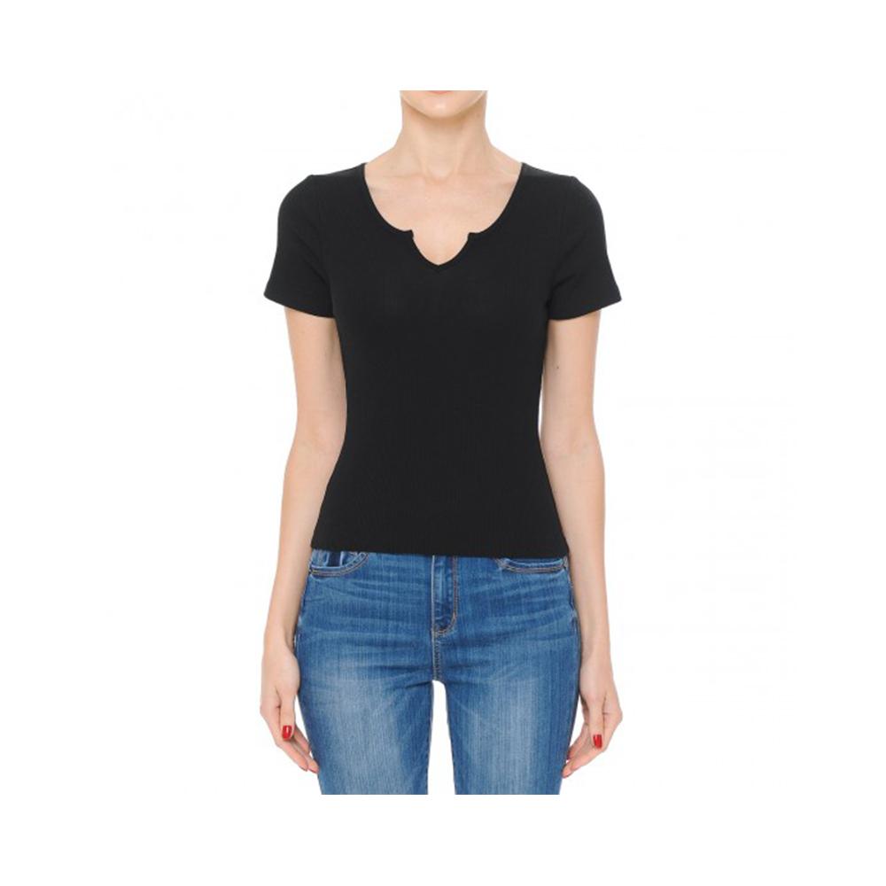Jobber Ribbed Notch Neck Short Sleeve Top Black 71603.