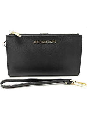 Michael Kors Women's Jet Set Travel Double Zip Leather Wristlet Wallet Black 35F7GTVW9L.