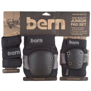 Bern Junior Pad Set, Knee, Elbow, Wrist - Grey on Black.