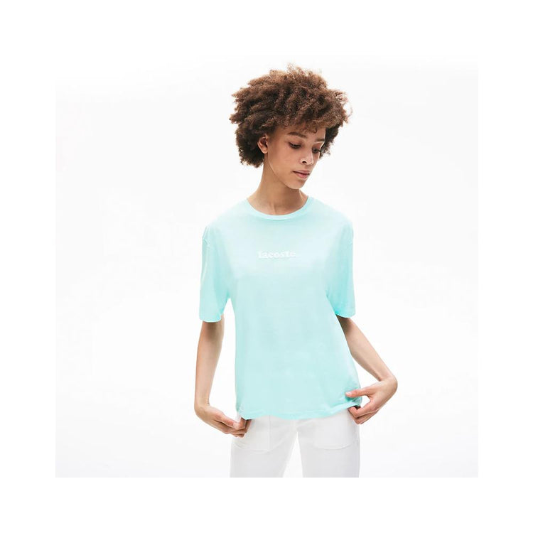 Lacoste Womens Signature Printed Crew Neck Cotton T-shirt Turquoise/White TF5627-51 Y9R.