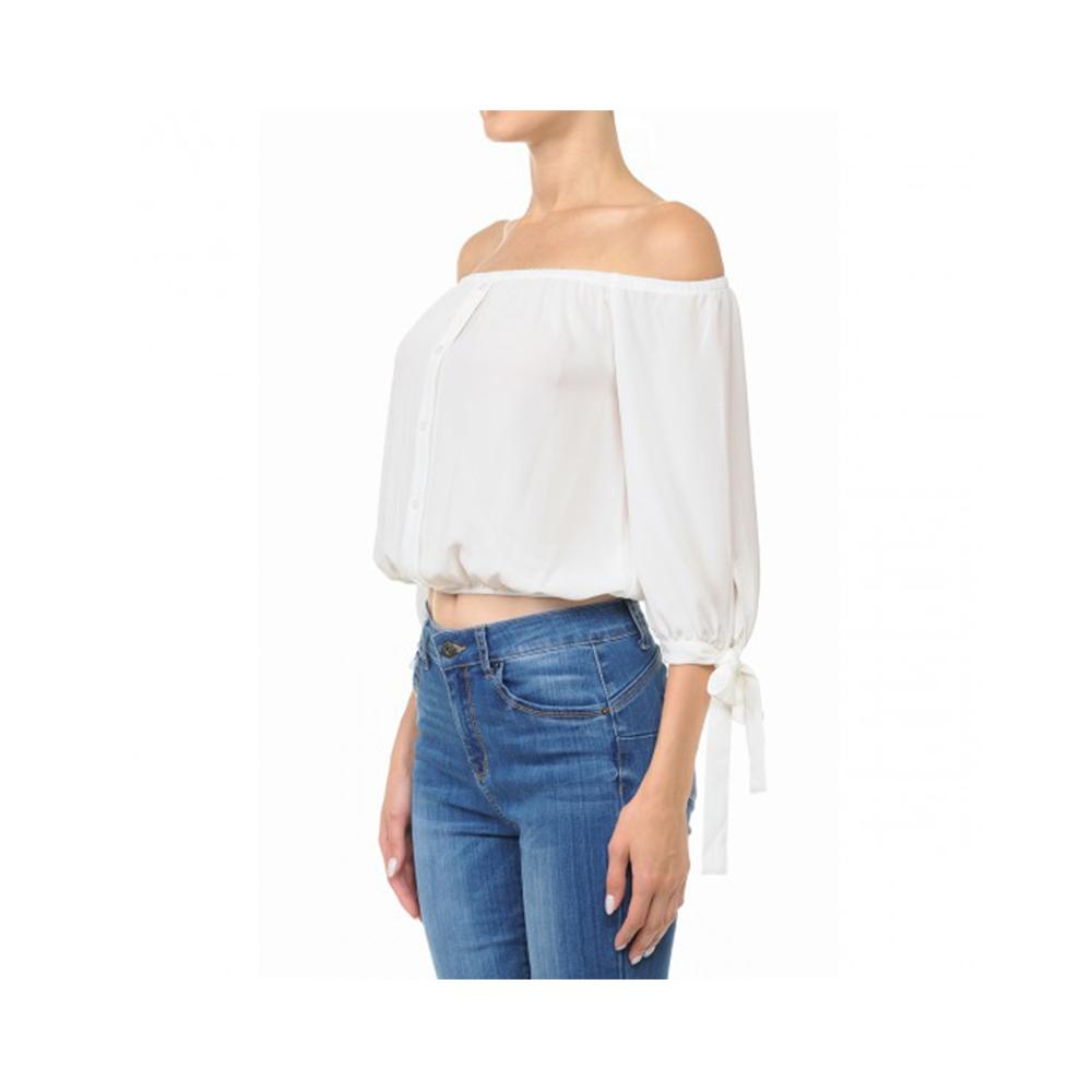 Jobber Off-The-Shoulder 3/4 Balloon Tie Sleeve Crop Top Off White 70737.