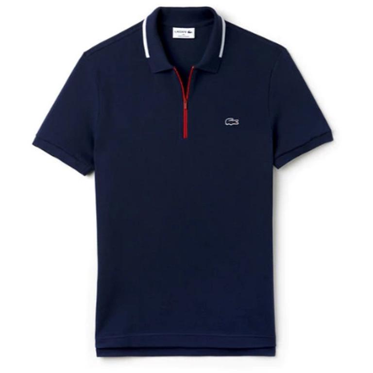 Lacoste Men's Made in France Slim Fit Zippered Polo Shirt Ship/Whit-red PH2069-51.