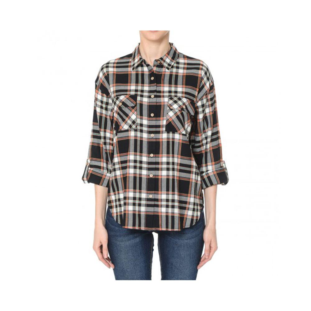 Jobber Double Flap Pocket Button-up Plaid Shirt with Roll-up Long Sleeves Black 72681.