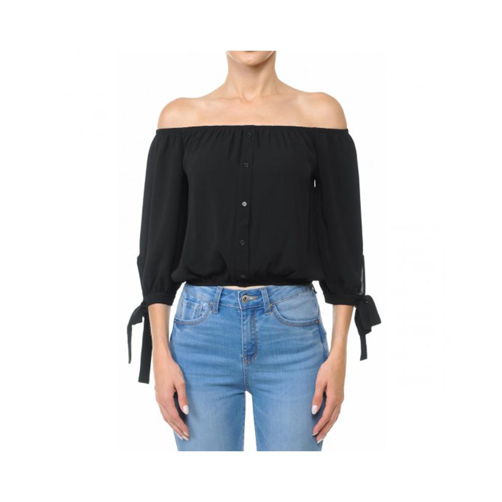 Jobber Off-The-Shoulder 3/4 Balloon Tie Sleeve Crop Top Black 70737.