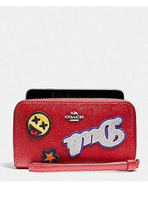 Coach Phone Wallet in Crossgrain Leather with Varsity Patches True Red F20976.