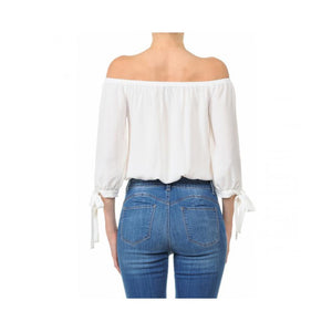 Jobber Off-The-Shoulder 3/4 Balloon Tie Sleeve Crop Top Off White 70737.