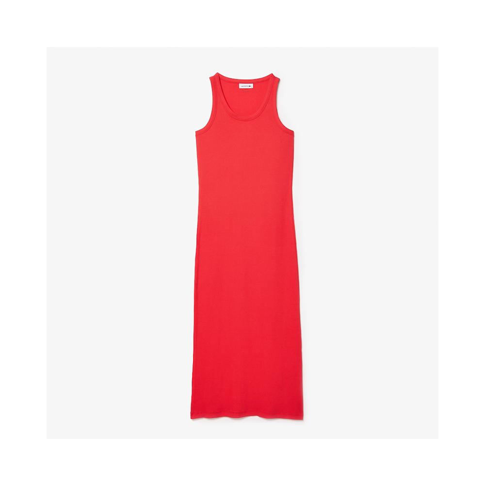 Lacoste Women's Long Ribbed Cotton Dress Energy Red EF5480-51 4BY.