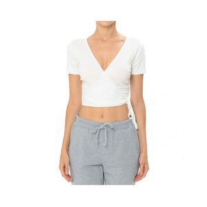 Jobber Wrap-Front V-Neck Short Sleeve Surplice Crop Top Off White 71065.