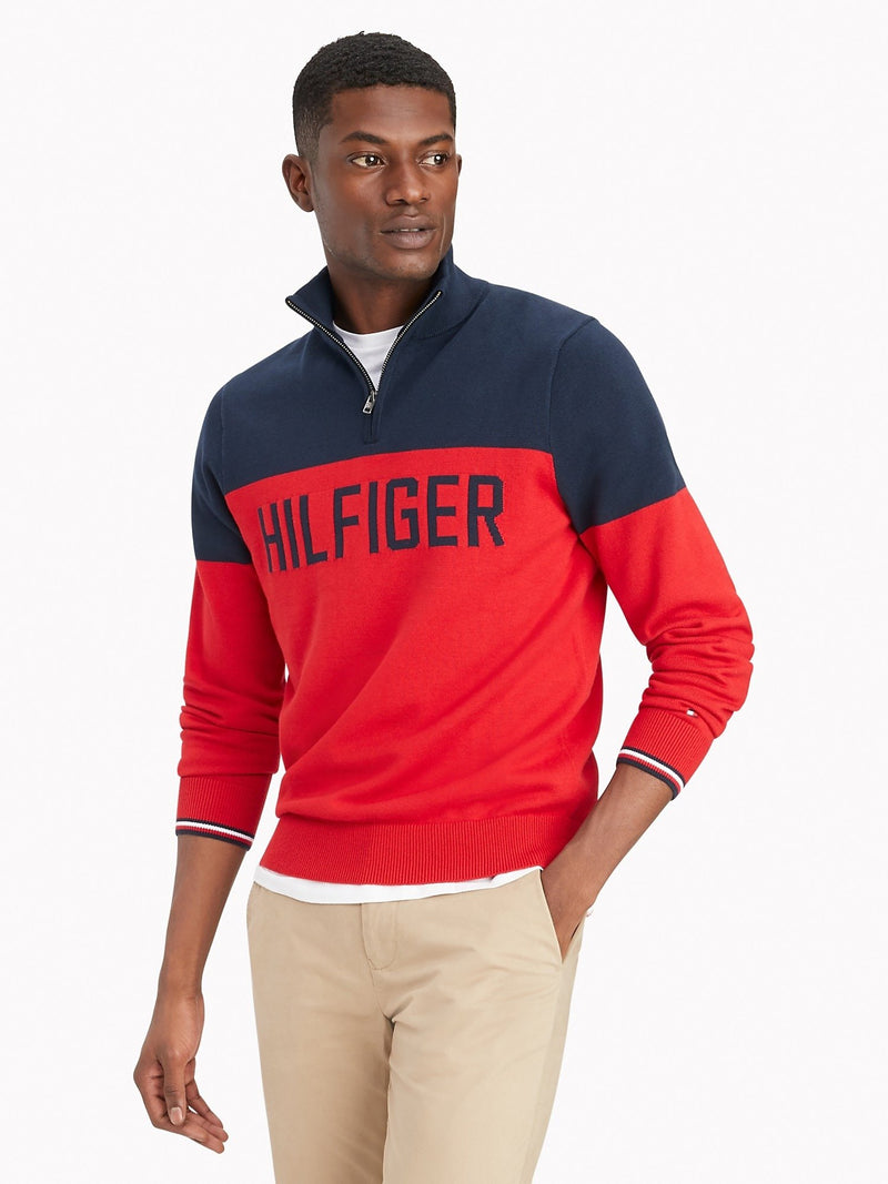 Tommy Hilfiger Men's Essential Colorblock Alfred Quarter Zip Sweater Haute Red 78J3529 600.