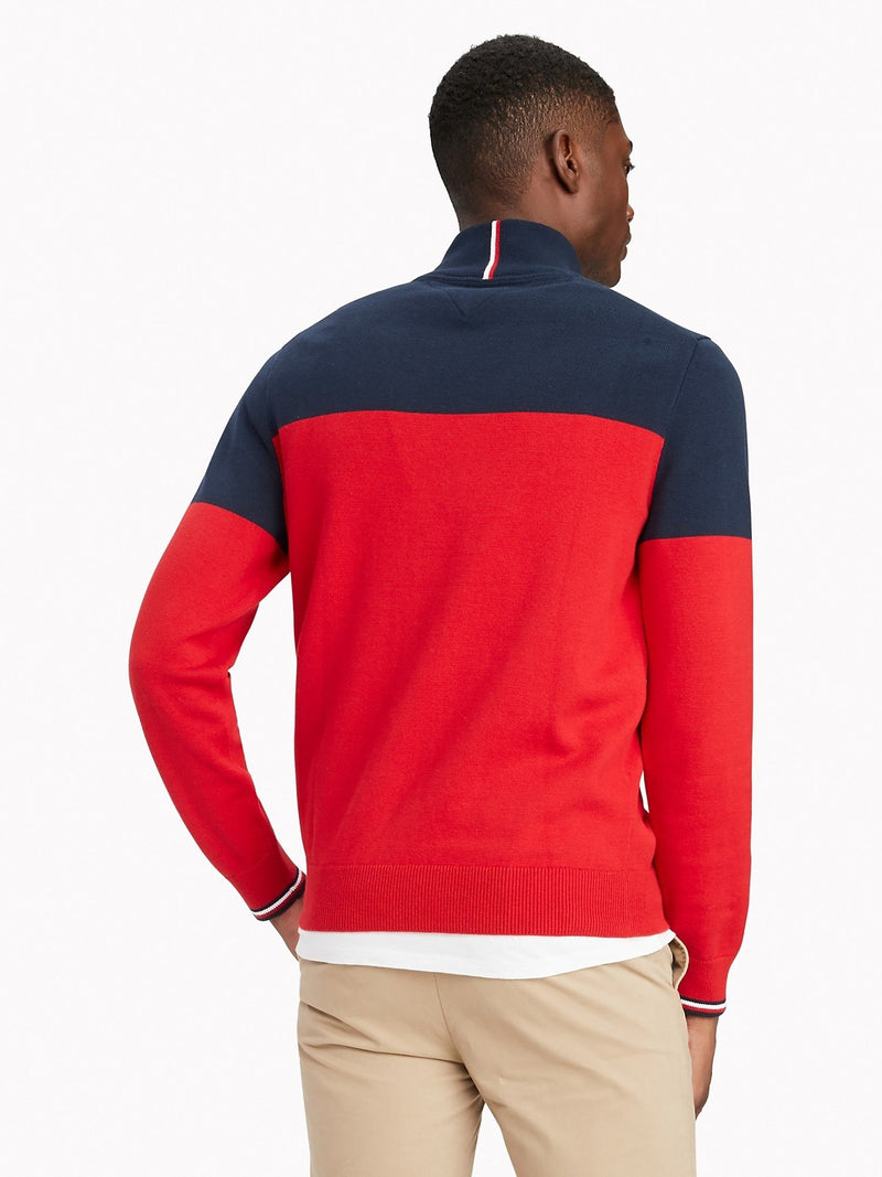 Tommy Hilfiger Men's Essential Colorblock Alfred Quarter Zip Sweater Haute Red 78J3529 600.