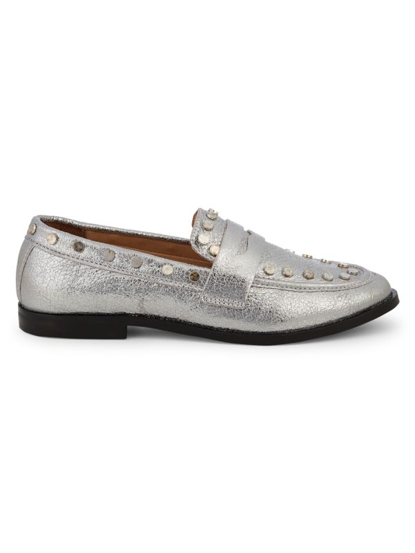 Steve Madden Women's After Studded Metallic Penny Loafers Silver Leather AFTE01D1.