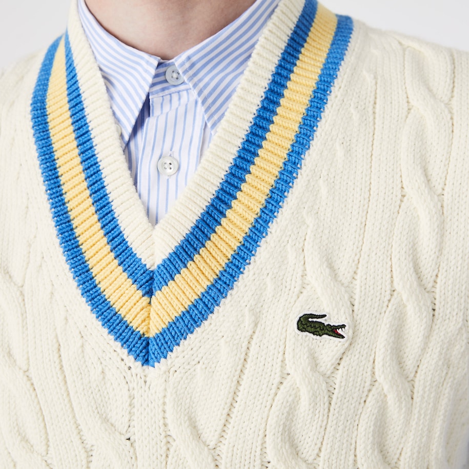 Lacoste Men's Classic Fit Wool Sweater Vest White/Yellow/Blue AH0441 51 7MZ.