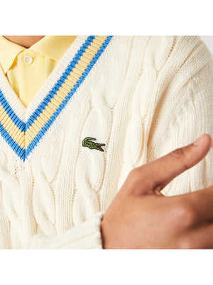 Lacoste Men's Classic Fit Contrast Striped Wool Sweater White/Yellow/Blue AH0493-51 7MZ.