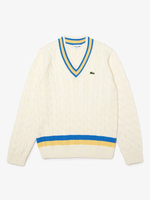 Lacoste Men's Classic Fit Contrast Striped Wool Sweater White/Yellow/Blue AH0493-51 7MZ.