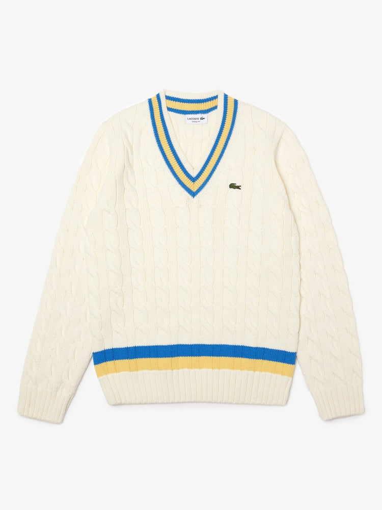 Lacoste Men's Classic Fit Contrast Striped Wool Sweater White/Yellow/Blue AH0493-51 7MZ.