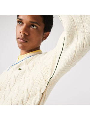 Lacoste Men's Classic Fit Contrast Striped Wool Sweater White/Yellow/Blue AH0493-51 7MZ.