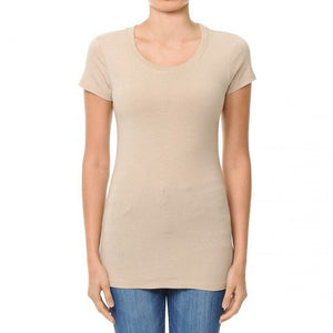 Jobber Round Rib Neck Short Sleeve Basic Top Beige 64000.