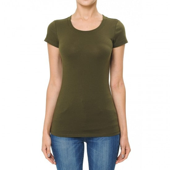 Jobber Round Rib Neck Short Sleeve Basic Top Dark Olive 64000.