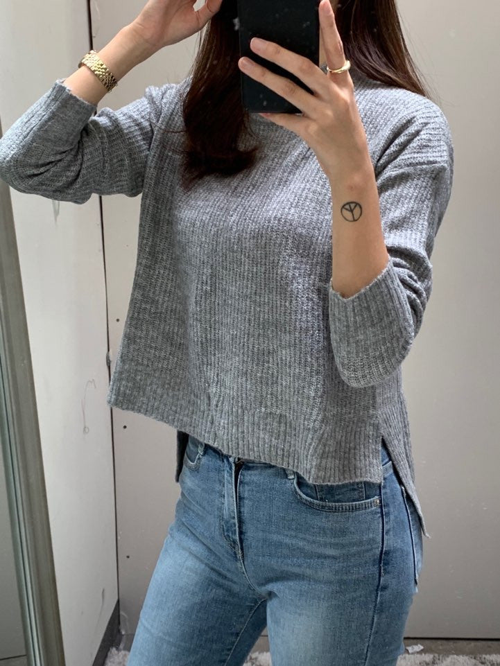 Jobber Women's Mock Neck Dropped Shoulder Knit Sweater Grey 71458.