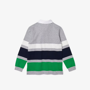 Lacoste Boys' Striped Cotton Rugby Regular Fit Polo T-Shirts Silver Chine/Flour Cosmetic DJ7766-51 PWX.