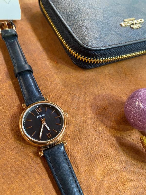 Fossil Carlie Mini Three-Hand Black Leather Watch Rose Gold ES4700