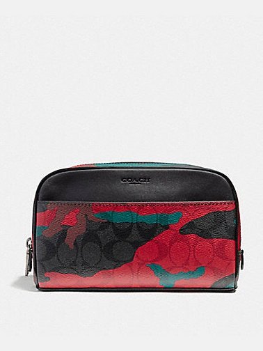 Coach Men's Overnight Travel Kit In Signature Camo Coated Canvas Pouch Charcoal/Red Camo F12008.