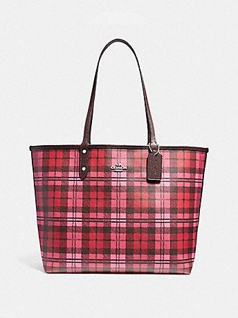 Coach Women's Reversible City Tote With Shadow Plaid Print Oxblood Red Multi F22249.
