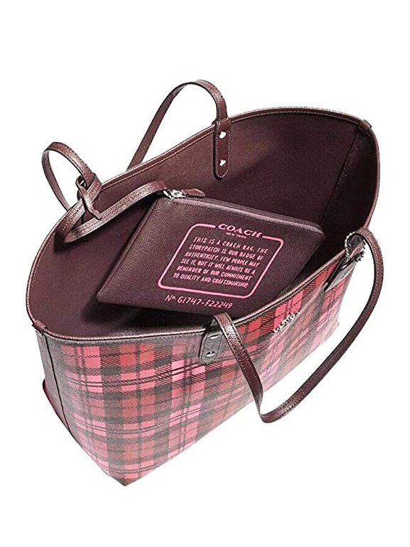 Coach Women's Reversible City Tote With Shadow Plaid Print Oxblood Red Multi F22249.