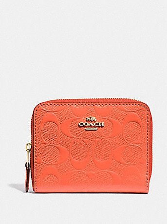 Coach Women's Sinature Patent Leather Small Zip Around Wallet Gold/Neon Orange F38709.