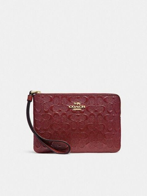 Coach Women's Corner Zip Signature Debossed Patent Leather Wristlet Im/Cherry F58034.