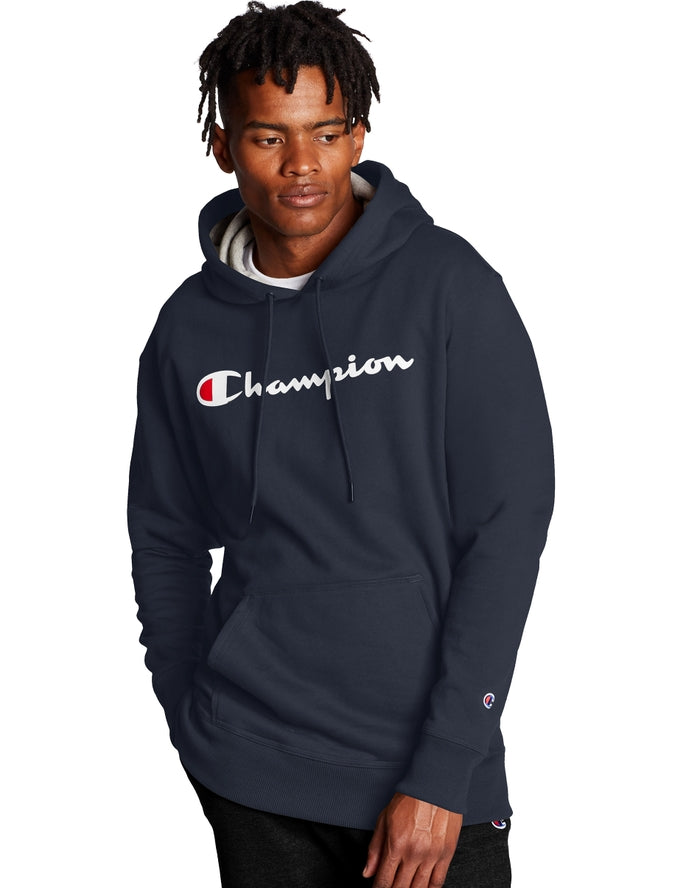 Champion Powerblend Fleece Hoodie Script Logo Navy GF89H Y06794 NYC.