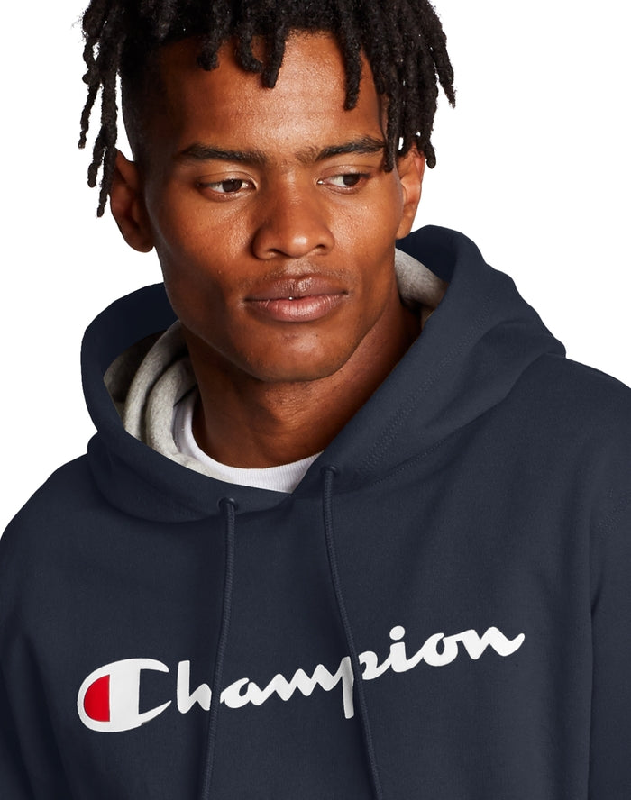 Champion Powerblend Fleece Hoodie Script Logo Navy GF89H Y06794 NYC.