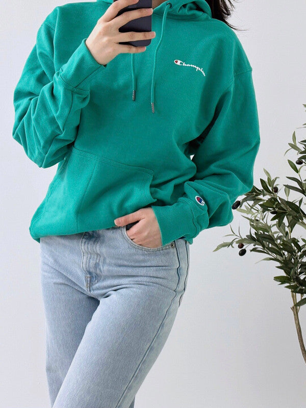 Champion Powerblend Fleece Hoodie Script Logo Green Reef GF89H Y08160 AM0G - APLAZE