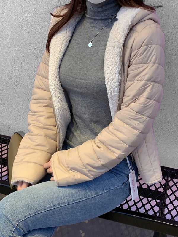 Jobber Women's Reversible Sherpa Hood Light Down Jacket Beige LT-J8014.