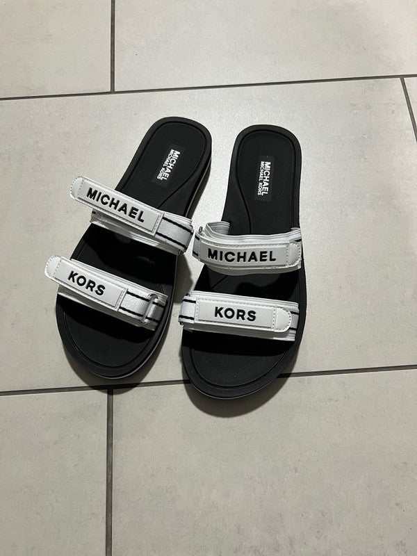 Michael Kors Women's Irina Slide MK Logo Webbing Sandal Optic White/Black 45R2IRFA1D.