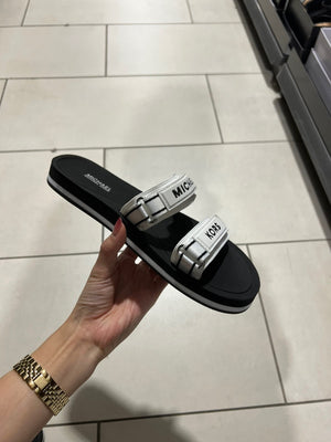 Michael Kors Women's Irina Slide MK Logo Webbing Sandal Optic White/Black 45R2IRFA1D.