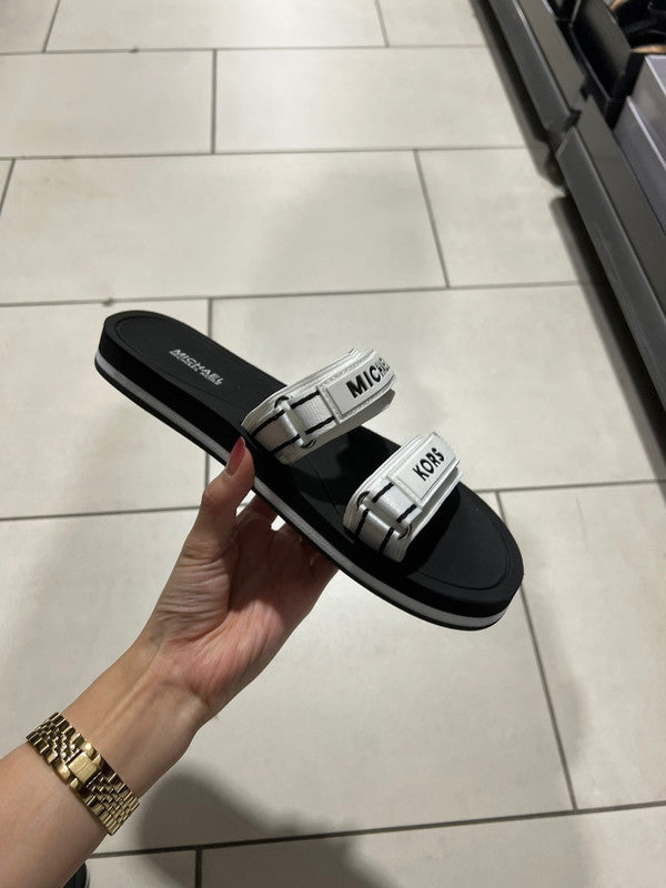 Michael Kors Women's Irina Slide MK Logo Webbing Sandal Optic White/Black 45R2IRFA1D.