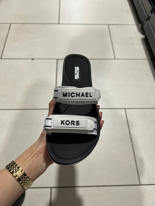 Michael Kors Women's Irina Slide MK Logo Webbing Sandal Optic White/Black 45R2IRFA1D.