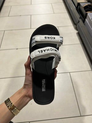 Michael Kors Women's Irina Slide MK Logo Webbing Sandal Optic White/Black 45R2IRFA1D.