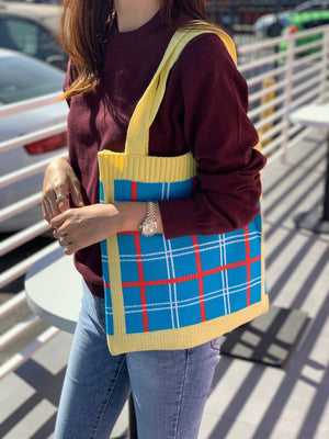 Jobber Check Pattern Knit Tote Yellow MMA7407.