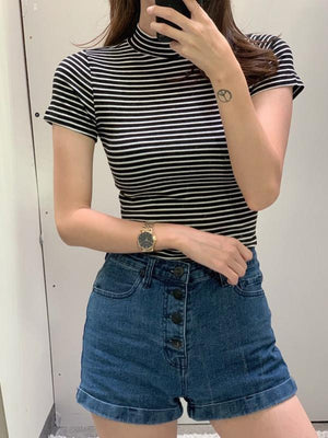 Jobber Ribbed Stripe Mock Neck Short Sleeve Top Black 72797.