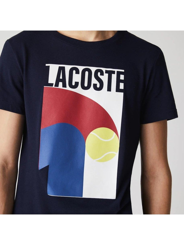 Breathable Mens Lacoste Graphic Lacoste Navy Print Blue T-shirt SPORT