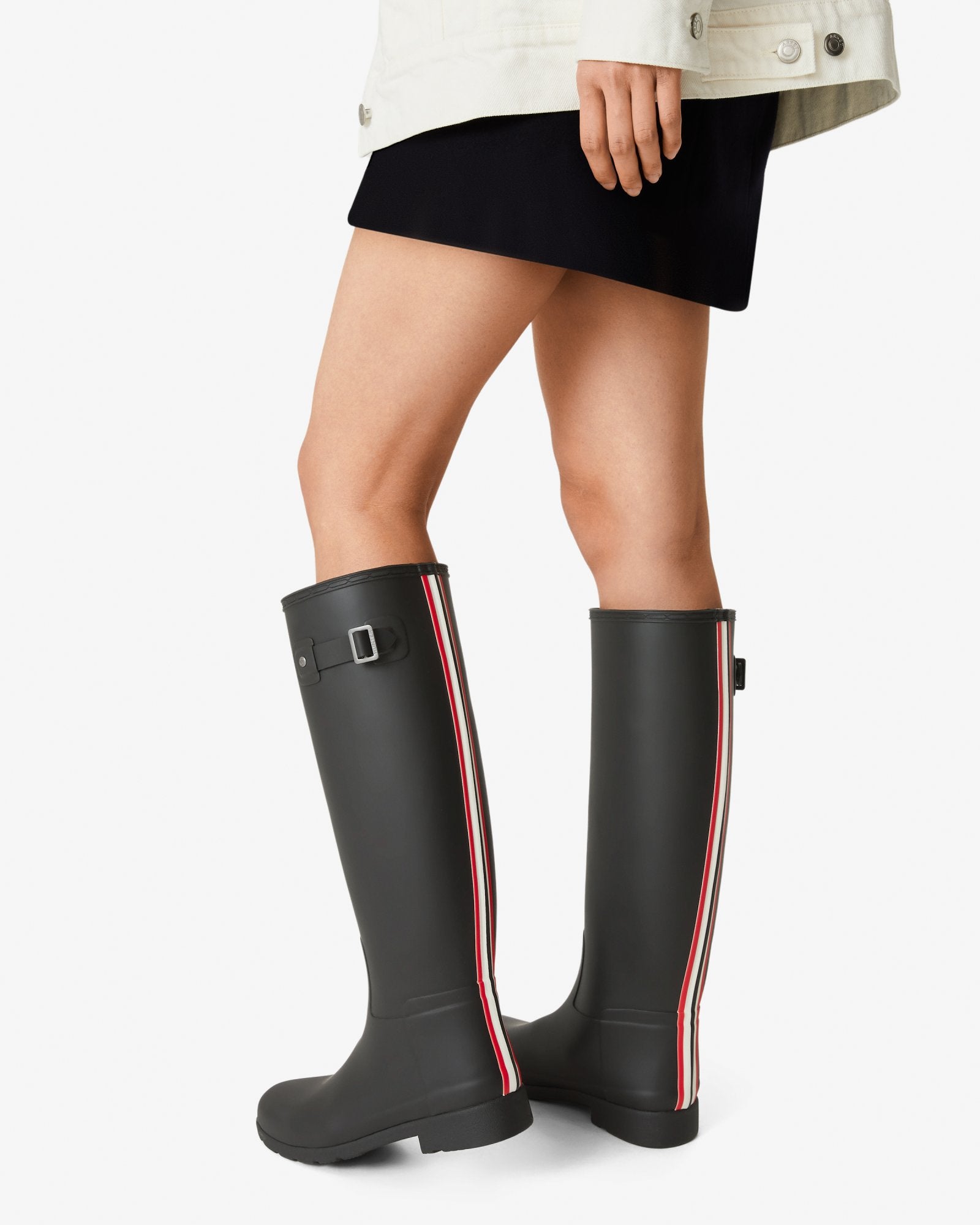Hunter Women's Refined Slim Fit Tri-Colour Logo Backstrap Tall Rain Boots Black WFT2354RMA BLK - APLAZE