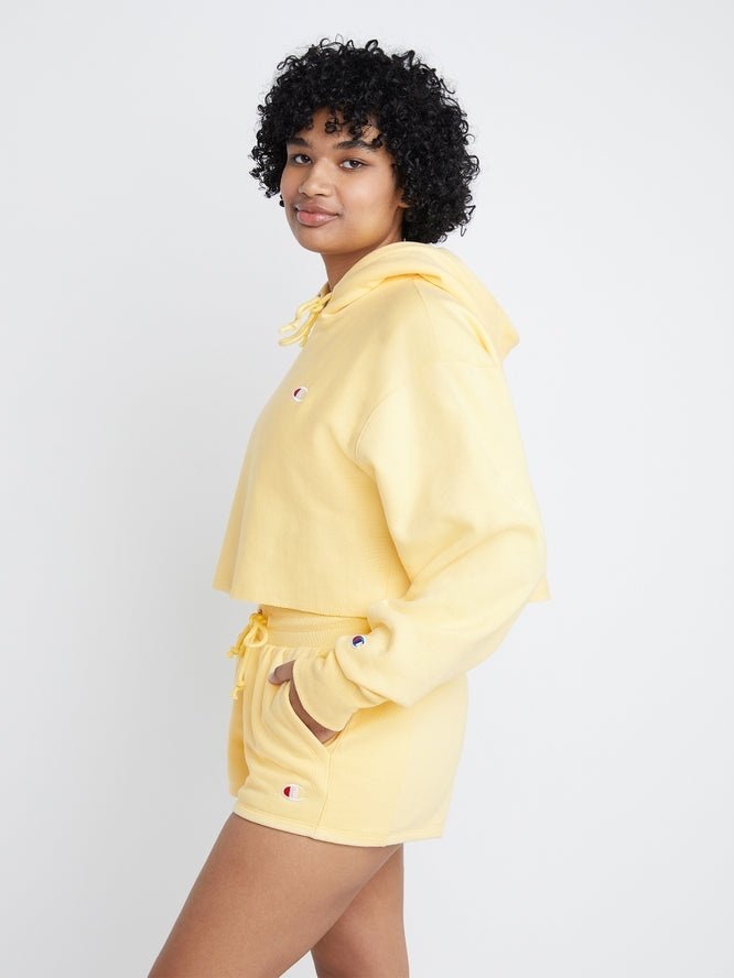 Champion Women s Reverse Weave Cropped Cut Off Hood C Logo Buttered Popcorn WL659 549302 C5U M