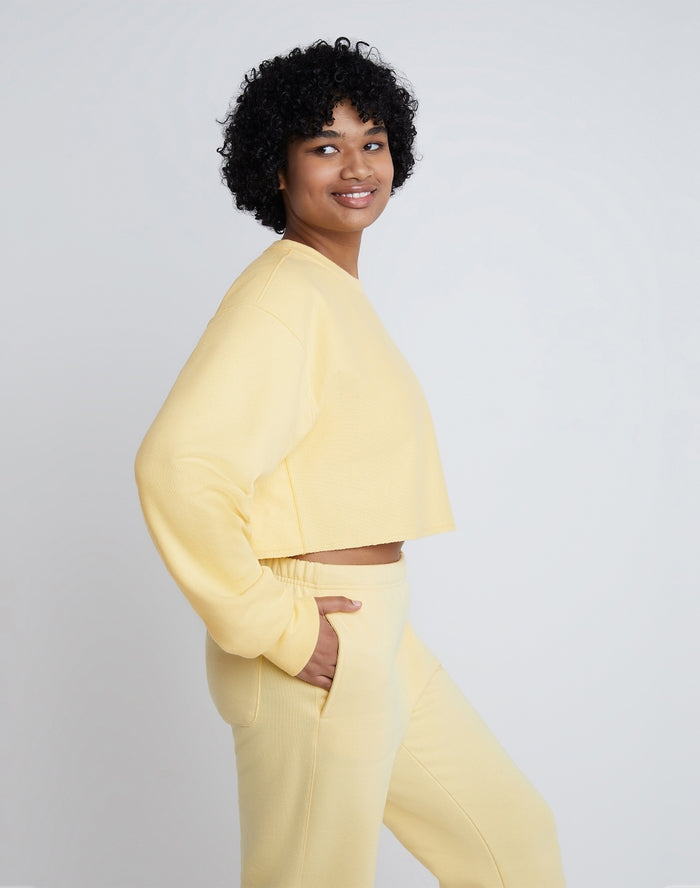 Champion Women's Reverse Weave Cropped Cut Off Crew Men's Fit Buttered