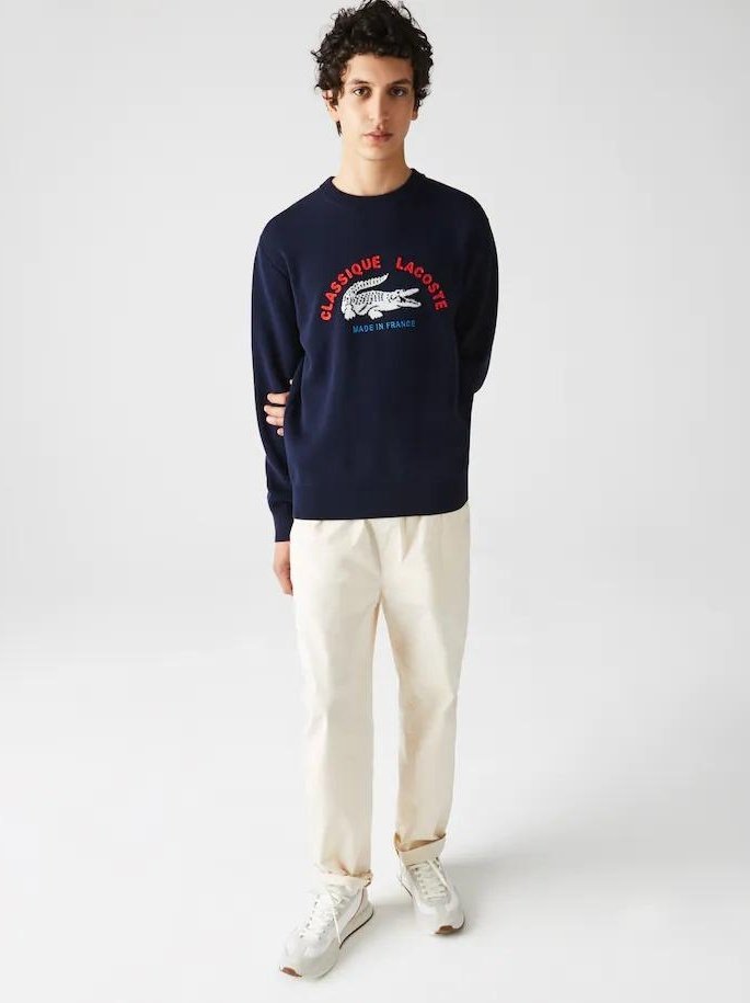 Lacoste Mens Made In France Crew Neck Embroidered Stretch Cotton Sweater Navy Blue AH9021 166.