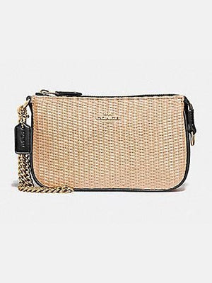 Coach Synthetic Straw And Smooth Leather Large Wristlet Bag Black F73071.