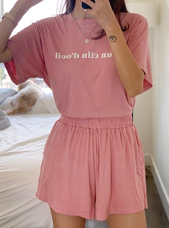 Jobber Vintage Basic Casual Pajama Top Shorts Set Pink PJM2503.